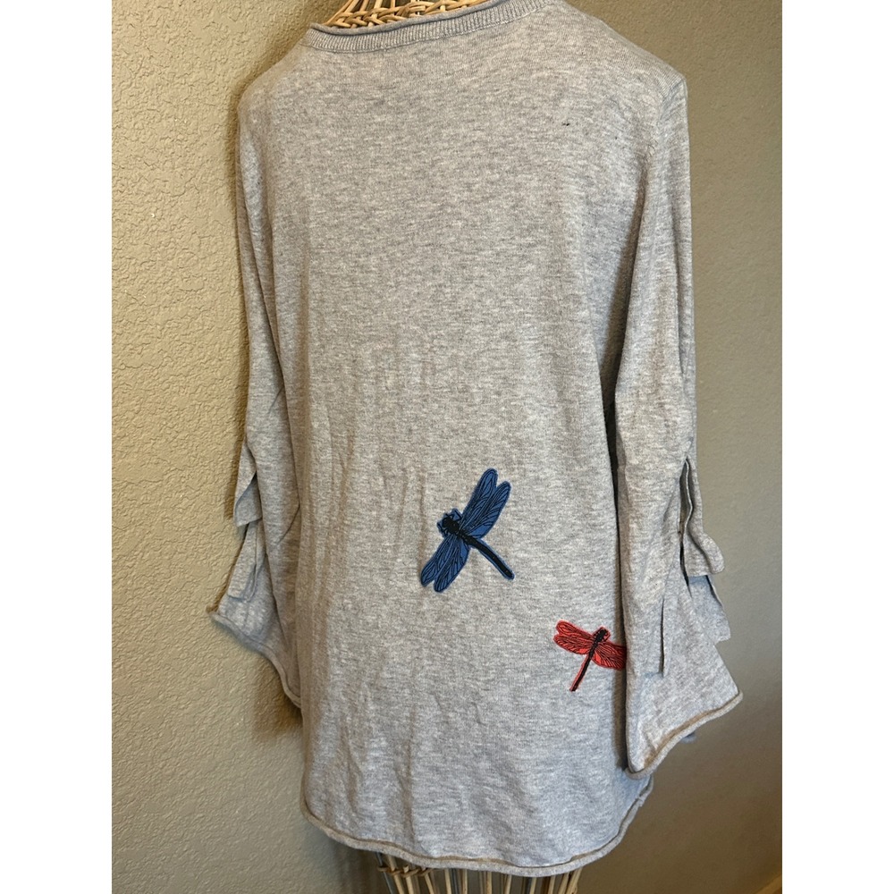 Democracy Womens Gray Dragonfly Embroidered Bell Sleeve Cotton Sweater Top L - Picture 2 of 15
